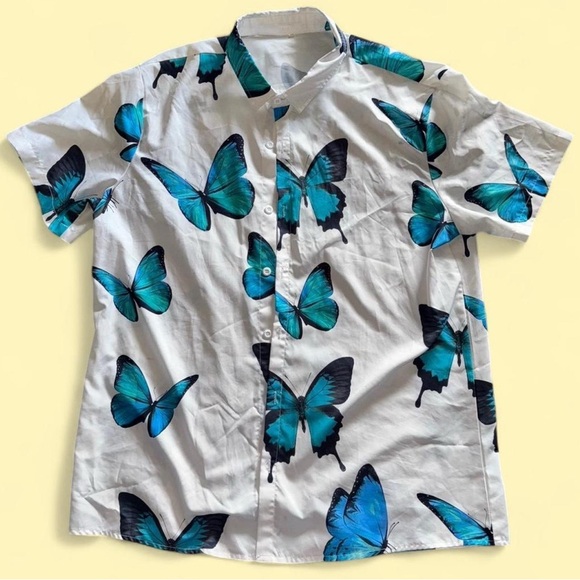 Men's White Shirt with Blue Butterfly Print - Picture 1 of 3